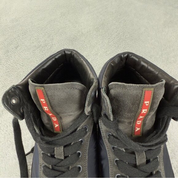 Prada Hi Top Grey/Blue Nylon and Suede High Top Sneaker Sz 7.5 US/6.5 UK/40.5 EU - Picture 9 of 14